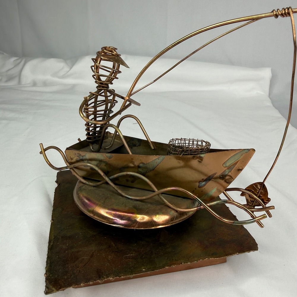 Vintage Copper Wire Fisherman Music Box Sculpture Rotating Brutalist Art Japan